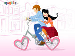 A free wallpaper rendering a loving couple riding a bicycle with heart shaped wheels .0.20 1